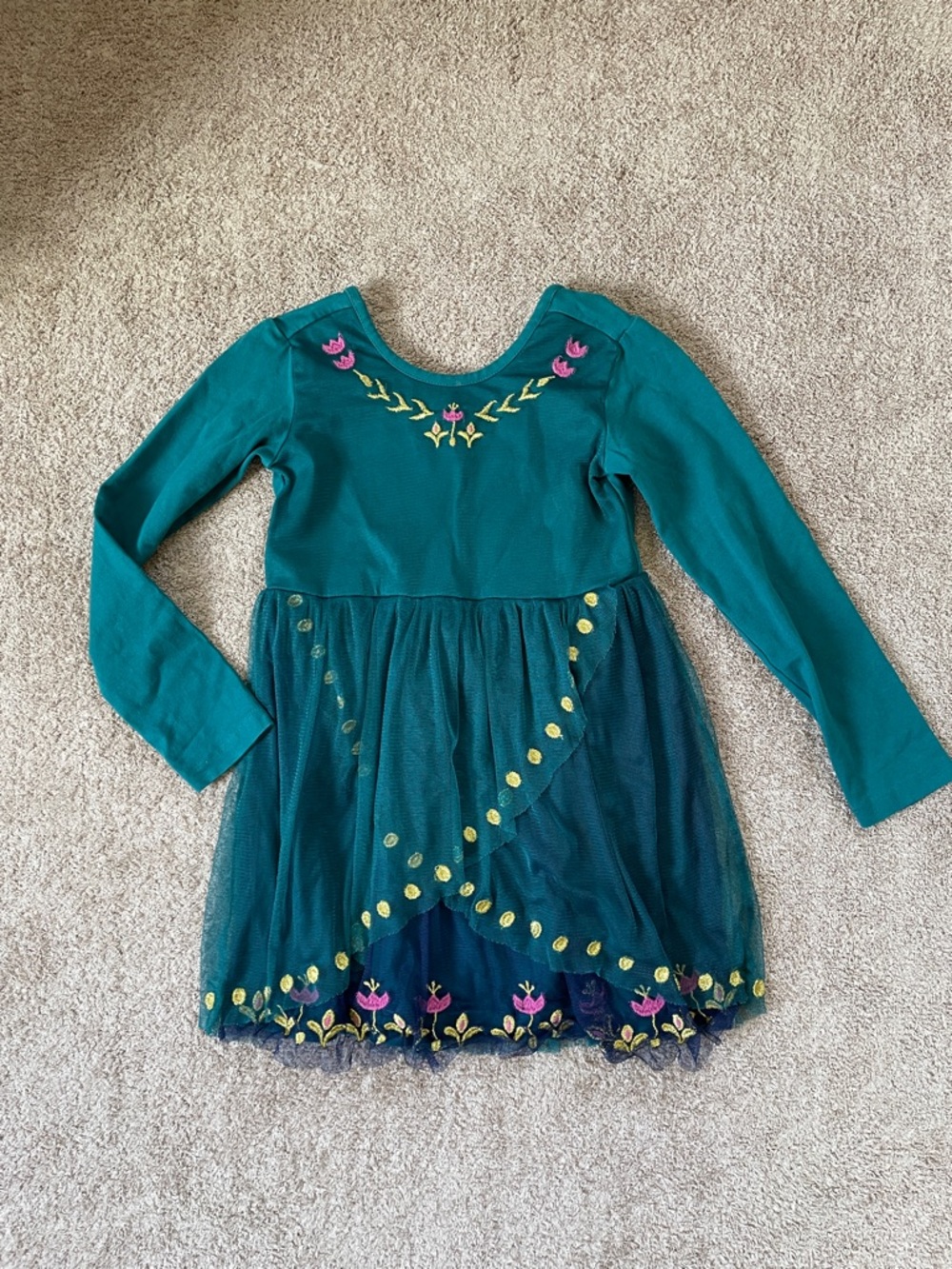 Disney Hanna Anderson Teal Long-Sleeve Floral embroidered Tulle Dress